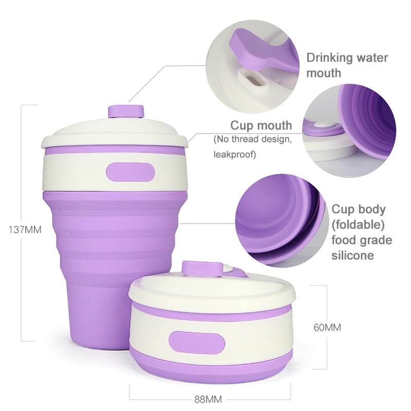 ELECTROPRIME 350ml Folding Portable Silicone Coffee Cup Multi-function Travel Cup (Purple)