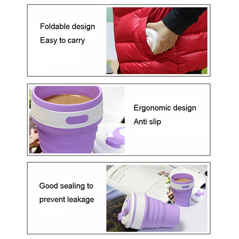 ELECTROPRIME 350ml Folding Portable Silicone Coffee Cup Multi-function Travel Cup (Purple)