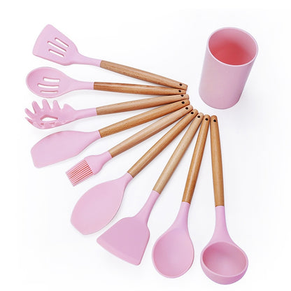 ELECTROPRIME kn082 9 in 1 Wooden Handle Silicone Kitchen Tool Set with Storage Bucket(Pink)