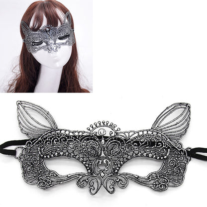 ELECTROPRIME Halloween Masquerade Party Dance Sexy Lady Bronzing Lace Cat King Mask(Silver)