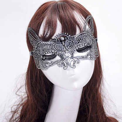 ELECTROPRIME Halloween Masquerade Party Dance Sexy Lady Bronzing Lace Cat King Mask(Silver)