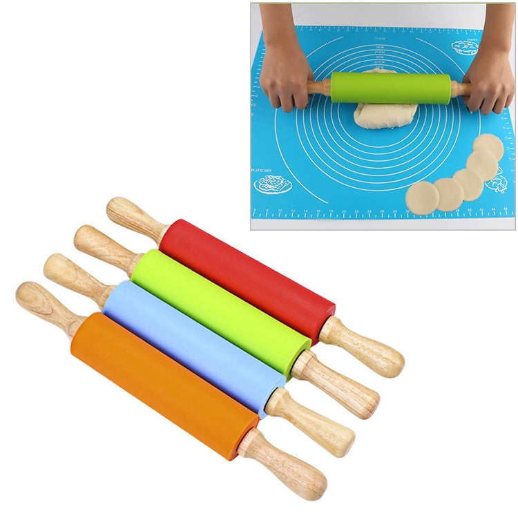 ELECTROPRIME kn055 Solid Wooden Handle Silicone Rolling Pin Non-stick Food Dumpling Stick, Length: 38cm, Random Color Delivery
