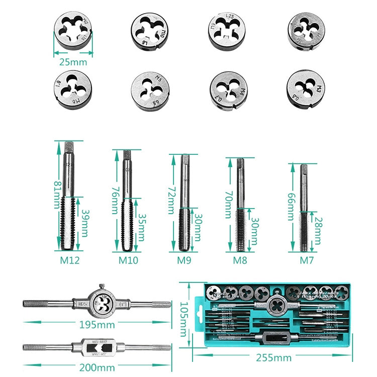 ELECTROPRIME 20 PCS Multi-specification Tap and Die Combination Set Hand Metric Wire Tapping Wrench Winch