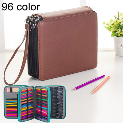 ELECTROPRIME 96 Slots Colored Pencil Case PU Leather Drawing Sketch Watercolor Pencils Holder Organizer with Hand Strap (Brown)