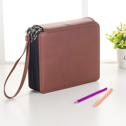 ELECTROPRIME 96 Slots Colored Pencil Case PU Leather Drawing Sketch Watercolor Pencils Holder Organizer with Hand Strap (Brown)