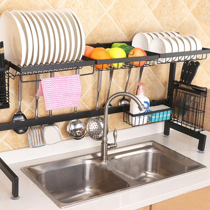 ELECTROPRIME 92cm Stainless Steel Kitchen Bowl Dish Fruit Basket Knife Chopping Block Chopsticks Drain Rack Storage Holder, Deluxe Version(Black)