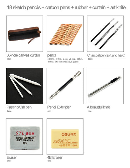 ELECTROPRIME Beginner Sketching Tools (18 PCS Sketching Pencils + Charcoal Pencil + Erasers + Pen Curtain + Art Knife) Sketching Set(Black)