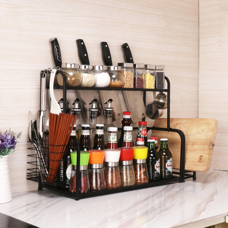 ELECTROPRIME 40cm Multi-function Kitchen Double Layers Seasoning Storage Rack (Black)