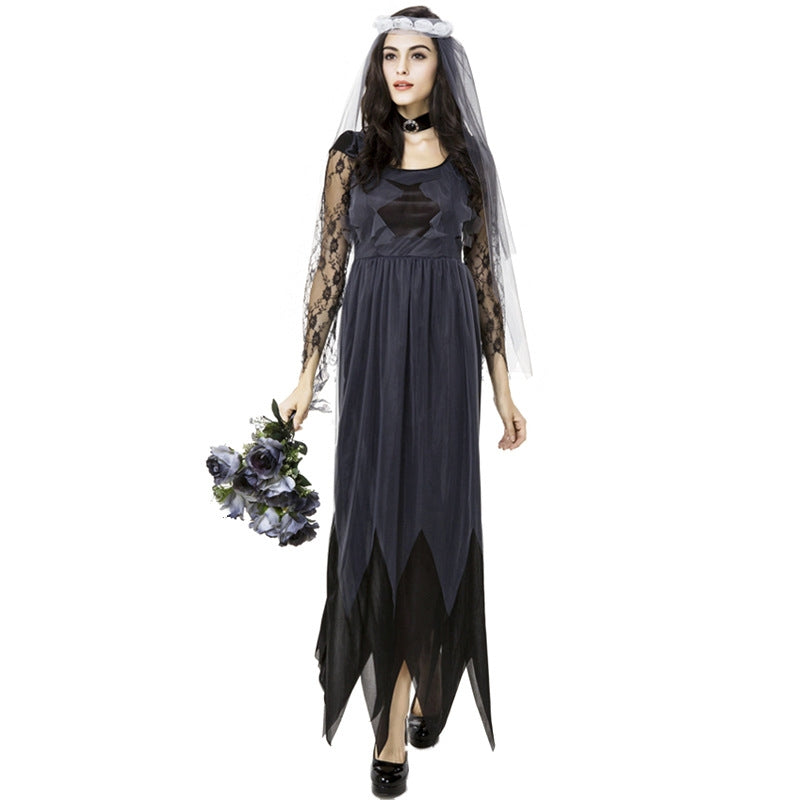 ELECTROPRIME Halloween Costume Women Lace Chiffon Black Dress Ghost Bride Clothes Cosplay Game Uniforms, Size: M, Bust: 76cm, Waistline:70cm, Clothes Long:141cm
