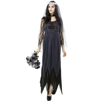 ELECTROPRIME Halloween Costume Women Lace Chiffon Black Dress Ghost Bride Clothes Cosplay Game Uniforms, Size: M, Bust: 76cm, Waistline:70cm, Clothes Long:141cm