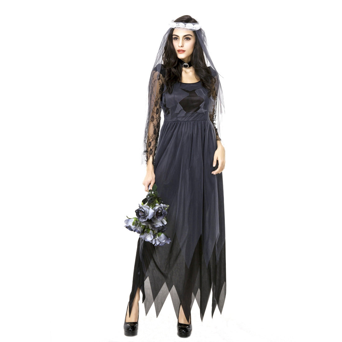 ELECTROPRIME Halloween Costume Women Lace Chiffon Black Dress Ghost Bride Clothes Cosplay Game Uniforms, Size: M, Bust: 76cm, Waistline:70cm, Clothes Long:141cm