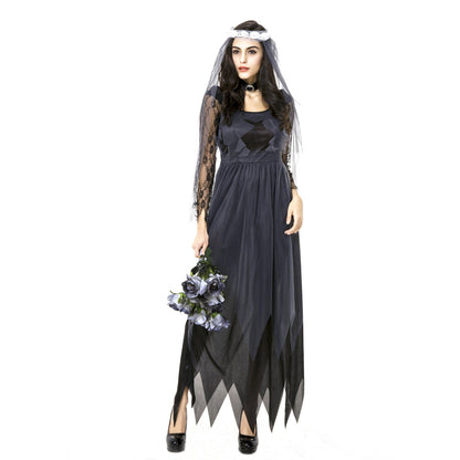 ELECTROPRIME Halloween Costume Women Lace Chiffon Black Dress Ghost Bride Clothes Cosplay Game Uniforms, Size: M, Bust: 76cm, Waistline:70cm, Clothes Long:141cm