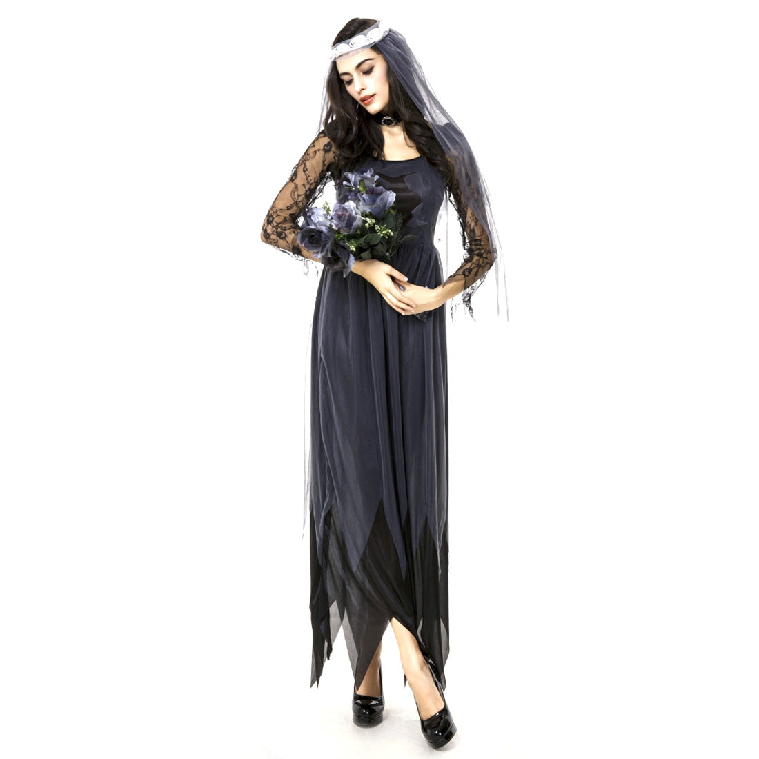 ELECTROPRIME Halloween Costume Women Lace Chiffon Black Dress Ghost Bride Clothes Cosplay Game Uniforms, Size: M, Bust: 76cm, Waistline:70cm, Clothes Long:141cm