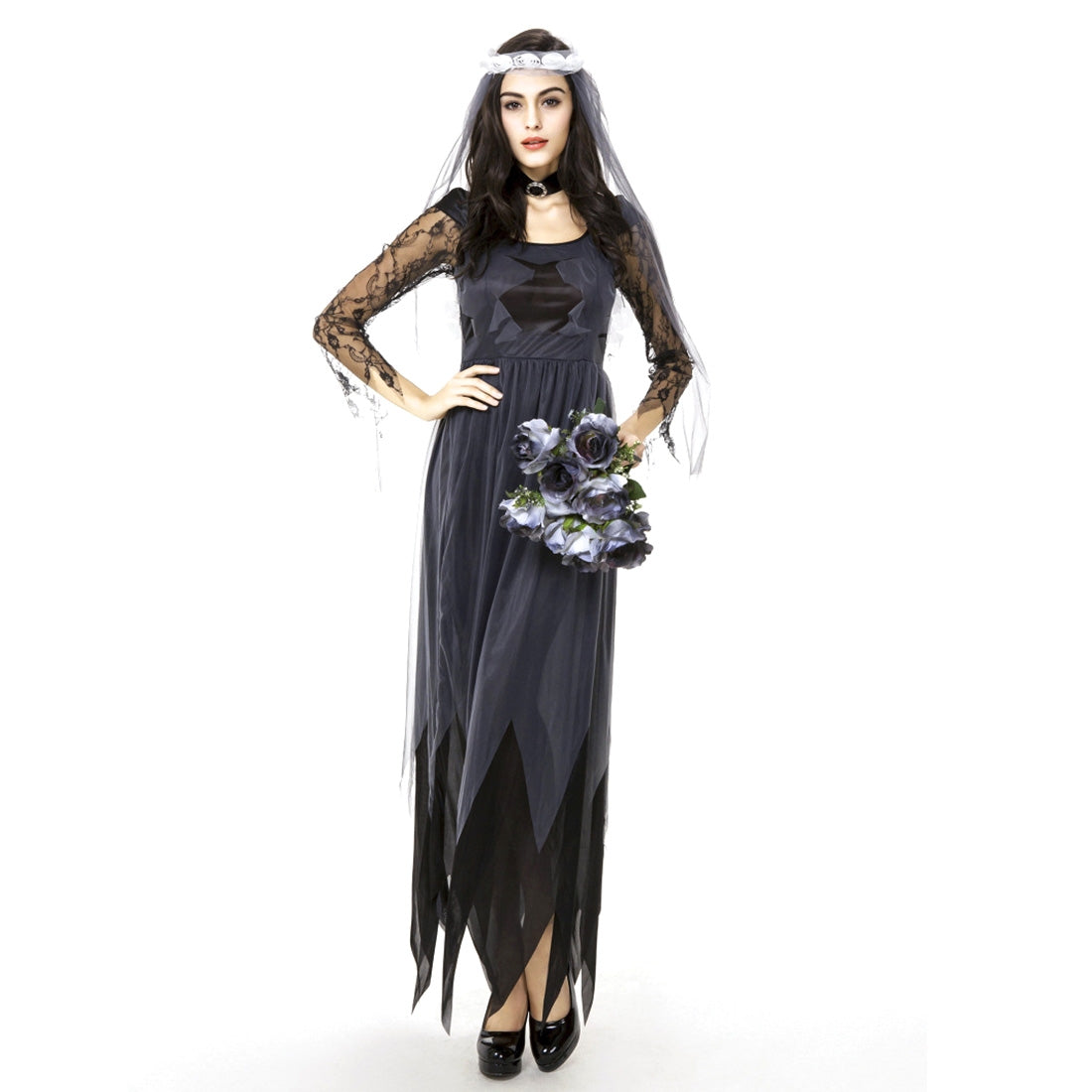 ELECTROPRIME Halloween Costume Women Lace Chiffon Black Dress Ghost Bride Clothes Cosplay Game Uniforms, Size: M, Bust: 76cm, Waistline:70cm, Clothes Long:141cm