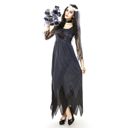ELECTROPRIME Halloween Costume Women Lace Chiffon Black Dress Ghost Bride Clothes Cosplay Game Uniforms, Size: M, Bust: 76cm, Waistline:70cm, Clothes Long:141cm