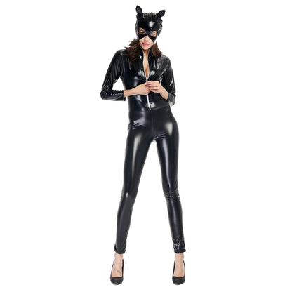 ELECTROPRIME Halloween Costume Patent Leather Cat Girl Neutral Sexy Motorcycle Clothing Stage Performance Cosplay Clothing, Size:XL, Bust: 90-94m, Waistline:76-80cm, Clothes Long:143cm
