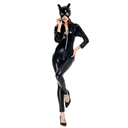ELECTROPRIME Halloween Costume Patent Leather Cat Girl Neutral Sexy Motorcycle Clothing Stage Performance Cosplay Clothing, Size:XL, Bust: 90-94m, Waistline:76-80cm, Clothes Long:143cm