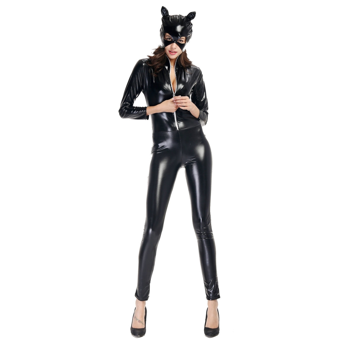 ELECTROPRIME Halloween Costume Patent Leather Cat Girl Neutral Sexy Motorcycle Clothing Stage Performance Cosplay Clothing, Size:XXL, Bust: 94-98cm, Waistline:80-84cm, Clothes Long:145cm