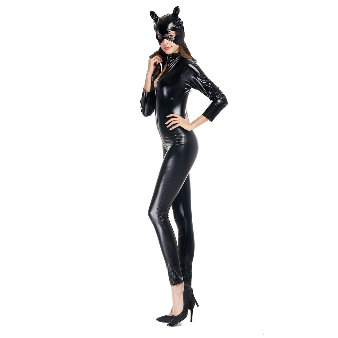 ELECTROPRIME Halloween Costume Patent Leather Cat Girl Neutral Sexy Motorcycle Clothing Stage Performance Cosplay Clothing, Size:XXL, Bust: 94-98cm, Waistline:80-84cm, Clothes Long:145cm