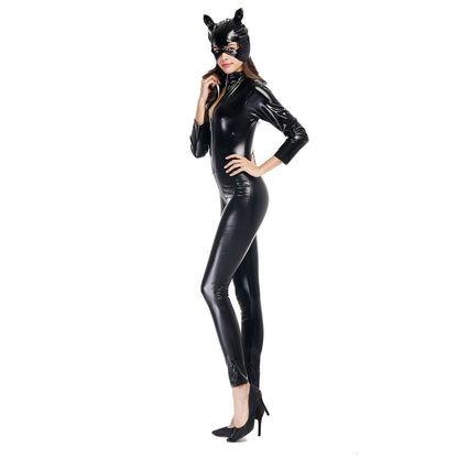 ELECTROPRIME Halloween Costume Patent Leather Cat Girl Neutral Sexy Motorcycle Clothing Stage Performance Cosplay Clothing, Size:XXL, Bust: 94-98cm, Waistline:80-84cm, Clothes Long:145cm