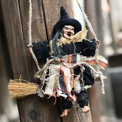 ELECTROPRIME Halloween Retro Witch Ornaments Broom Ghost Hang Up Props Halloween House Decoration Festive Party Supplies Halloween Pendant(Black)
