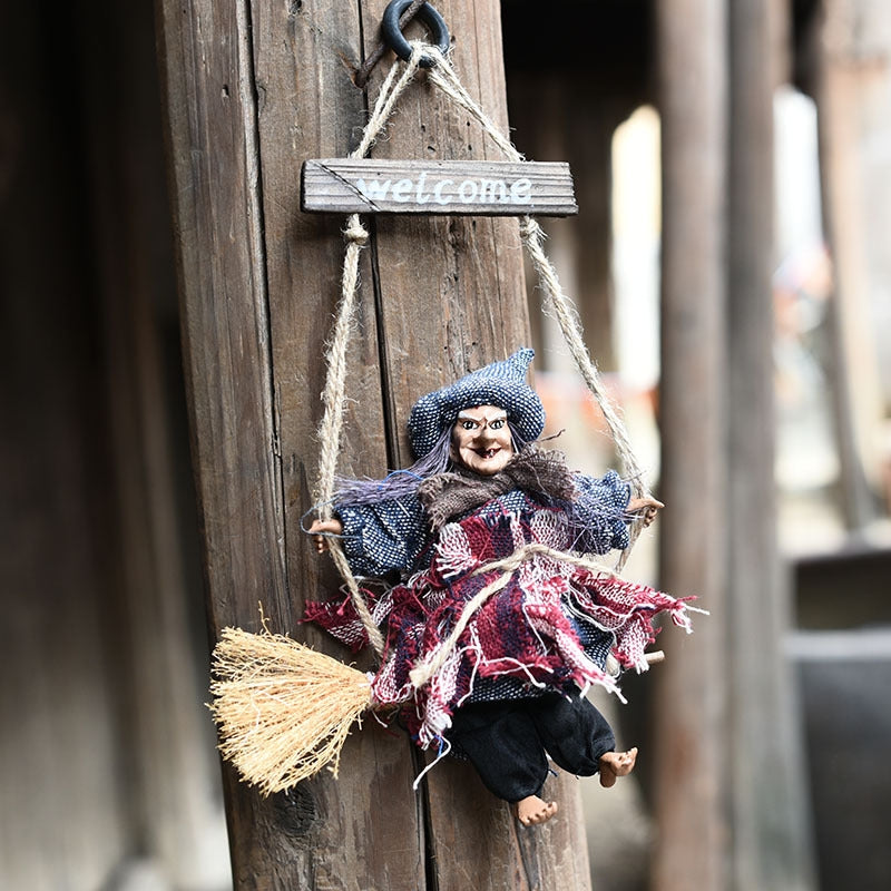 ELECTROPRIME Halloween Retro Witch Ornaments Broom Ghost Hang Up Props Halloween House Decoration Festive Party Supplies Halloween Pendant (Grey)