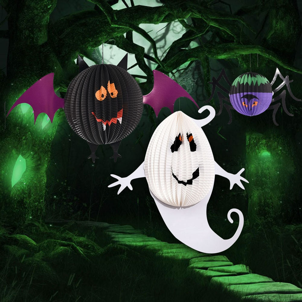 ELECTROPRIME 3 PCS / Set Creative Funny Halloween Ghost Bats Spider Pendant Paper Decoration and Props Horror