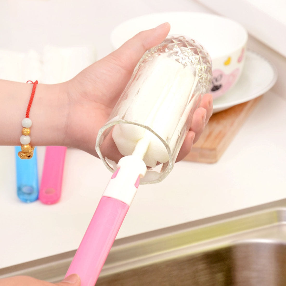 ELECTROPRIME 10 PCS Removable Handle Sponge Cleaning Cup Brushes Wash Cup Brush for Glass Milk Bottle / Coffee Cup / Glass Cup, Size: 25.5x6cm, Random Color Delivery
