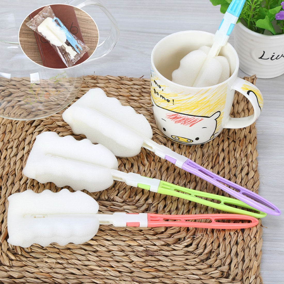 ELECTROPRIME 10 PCS Removable Handle Sponge Cleaning Cup Brushes Wash Cup Brush for Glass Milk Bottle / Coffee Cup / Glass Cup, Size: 25.5x6cm, Random Color Delivery