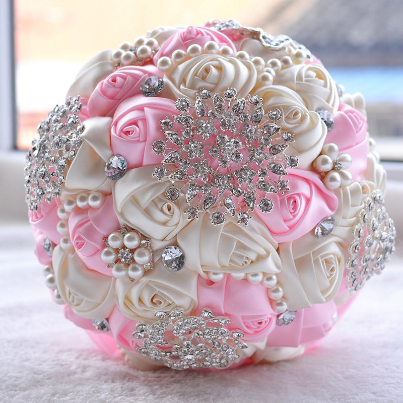 ELECTROPRIME Wedding Holding Pearl Diamond Flowers Bridal Bouquet Accessories Bridesmaid Rhinestone Party Wedding Decoration Supplies, Diameter: 20cm(Pink)