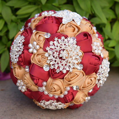 ELECTROPRIME Wedding Holding Pearl Diamond Flowers Bridal Bouquet Accessories Bridesmaid Rhinestone Party Wedding Decoration Supplies, Diameter: 20cm(Red)