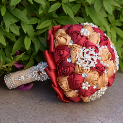 ELECTROPRIME Wedding Holding Pearl Diamond Flowers Bridal Bouquet Accessories Bridesmaid Rhinestone Party Wedding Decoration Supplies, Diameter: 20cm(Red)