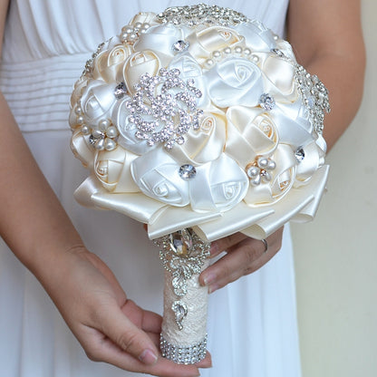 ELECTROPRIME Wedding Holding Pearl Diamond Flowers Bridal Bouquet Accessories Bridesmaid Rhinestone Party Wedding Decoration Supplies, Diameter: 20cm(Red)