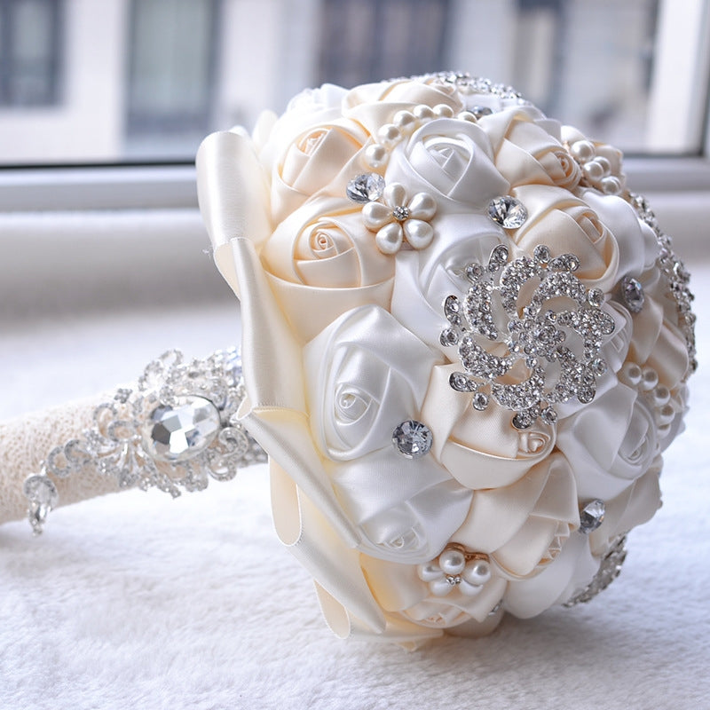 ELECTROPRIME Wedding Holding Pearl Diamond Flowers Bridal Bouquet Accessories Bridesmaid Rhinestone Party Wedding Decoration Supplies, Diameter: 20cm