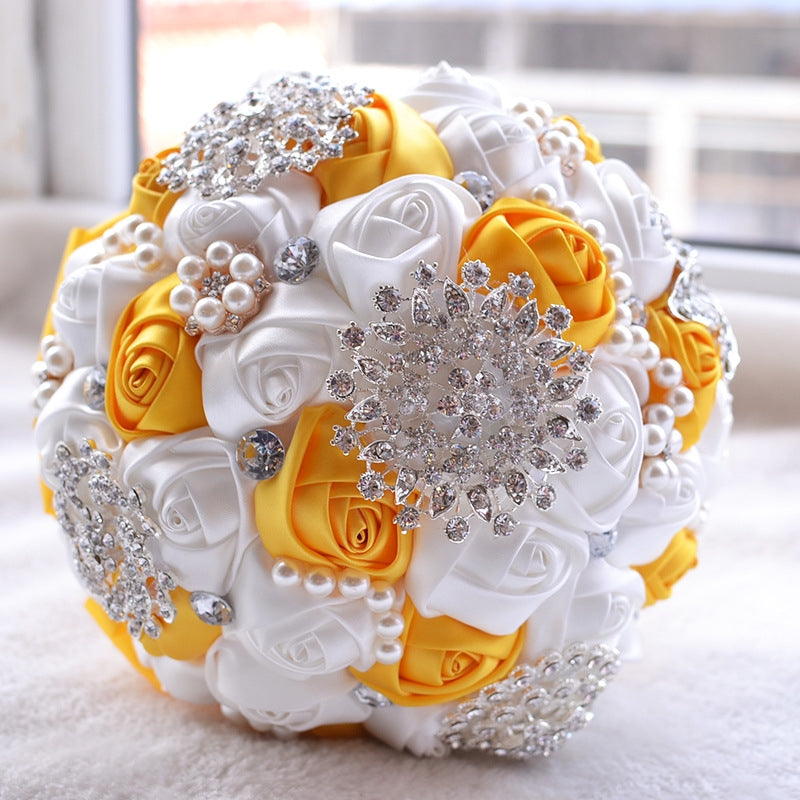ELECTROPRIME Wedding Holding Pearl Diamond Flowers Bridal Bouquet Accessories Bridesmaid Rhinestone Party Wedding Decoration Supplies, Diameter: 20cm(Yellow)