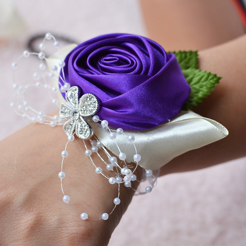 ELECTROPRIME Handmade Wedding Bride Wrist Flower Boutonniere Bouquet Corsage Diamond Satin Rose Flowers