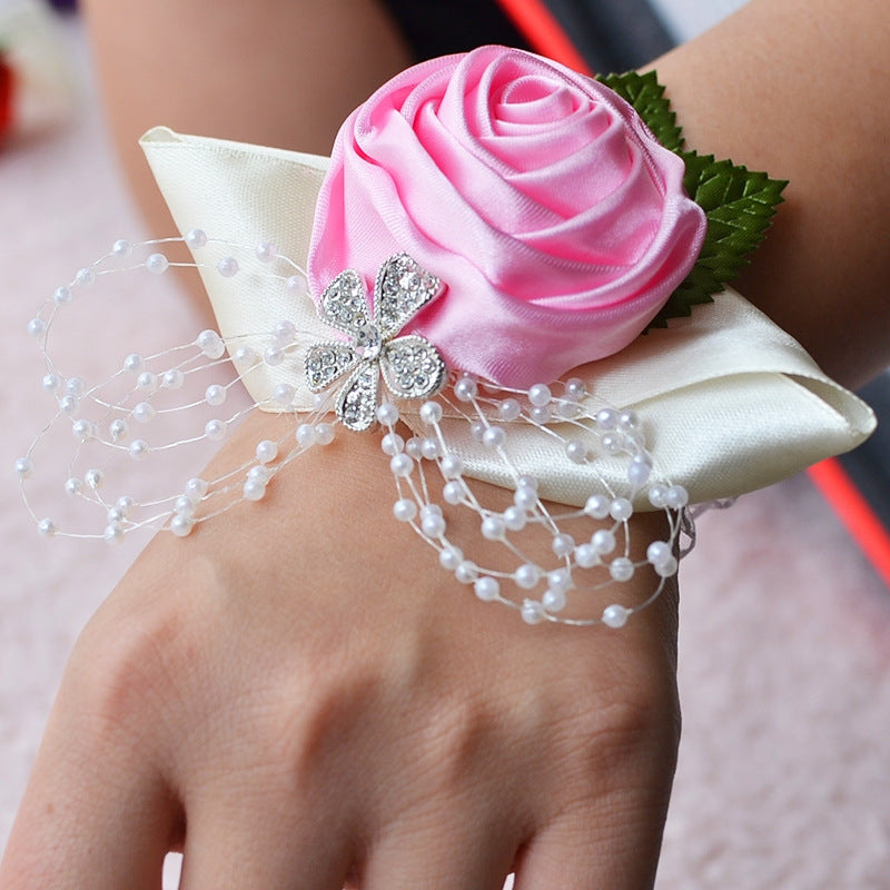 ELECTROPRIME Handmade Wedding Bride Wrist Flower Boutonniere Bouquet Corsage Diamond Satin Rose Flowers(Pink)