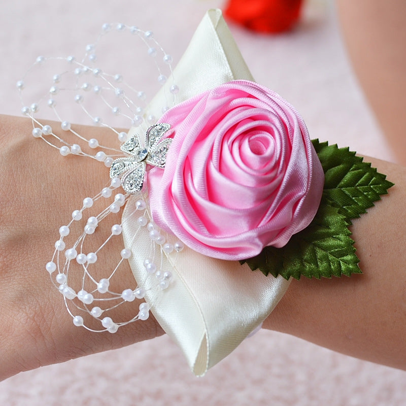 ELECTROPRIME Handmade Wedding Bride Wrist Flower Boutonniere Bouquet Corsage Diamond Satin Rose Flowers(Pink)