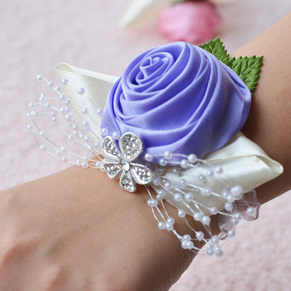 ELECTROPRIME Handmade Wedding Bride Wrist Flower Boutonniere Bouquet Corsage Diamond Satin Rose Flowers(Purple)