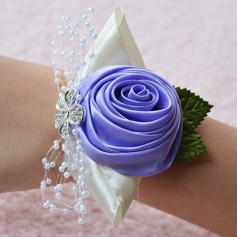 ELECTROPRIME Handmade Wedding Bride Wrist Flower Boutonniere Bouquet Corsage Diamond Satin Rose Flowers(Purple)