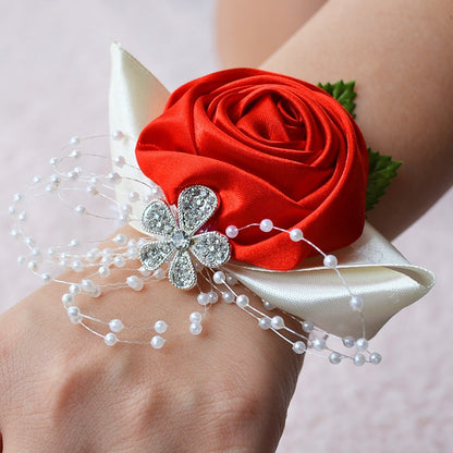 ELECTROPRIME Handmade Wedding Bride Wrist Flower Boutonniere Bouquet Corsage Diamond Satin Rose Flowers(Red)