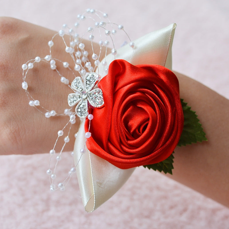 ELECTROPRIME Handmade Wedding Bride Wrist Flower Boutonniere Bouquet Corsage Diamond Satin Rose Flowers(Red)