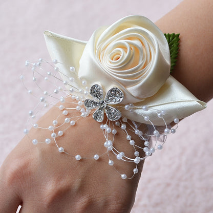 ELECTROPRIME Handmade Wedding Bride Wrist Flower Boutonniere Bouquet Corsage Diamond Satin Rose Flowers(White)