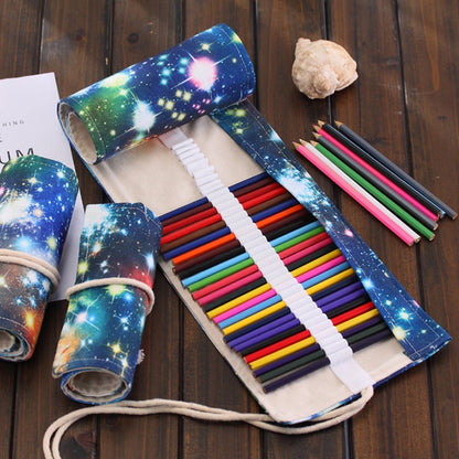 ELECTROPRIME 48 Slots Cosmic Galaxy Print Pen Bag Canvas Pencil Wrap Curtain Roll Up Pencil Case Stationery Pouch