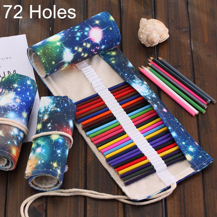 ELECTROPRIME 72 Slots Cosmic Galaxy Print Pen Bag Canvas Pencil Wrap Curtain Roll Up Pencil Case Stationery Pouch