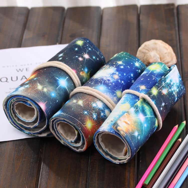 ELECTROPRIME 72 Slots Cosmic Galaxy Print Pen Bag Canvas Pencil Wrap Curtain Roll Up Pencil Case Stationery Pouch