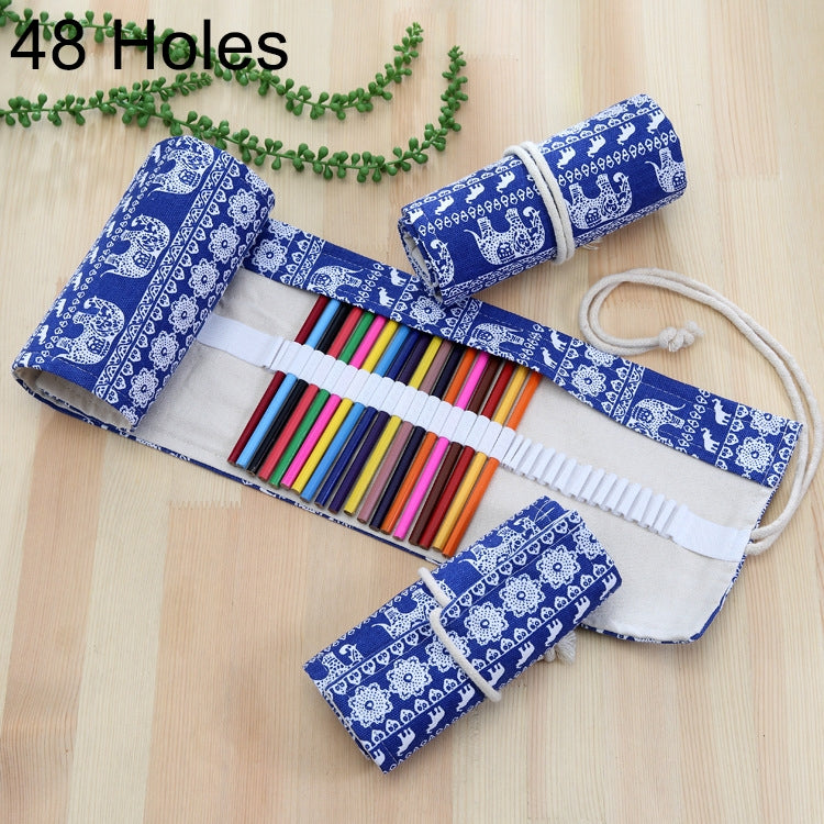 ELECTROPRIME 48 Slots Ethnic Elephant Print Pen Bag Canvas Pencil Wrap Curtain Roll Up Pencil Case Stationery Pouch