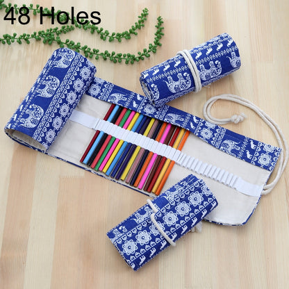 ELECTROPRIME 48 Slots Ethnic Elephant Print Pen Bag Canvas Pencil Wrap Curtain Roll Up Pencil Case Stationery Pouch