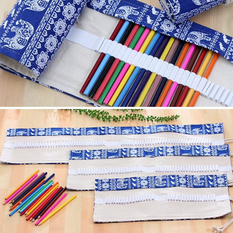 ELECTROPRIME 48 Slots Ethnic Elephant Print Pen Bag Canvas Pencil Wrap Curtain Roll Up Pencil Case Stationery Pouch