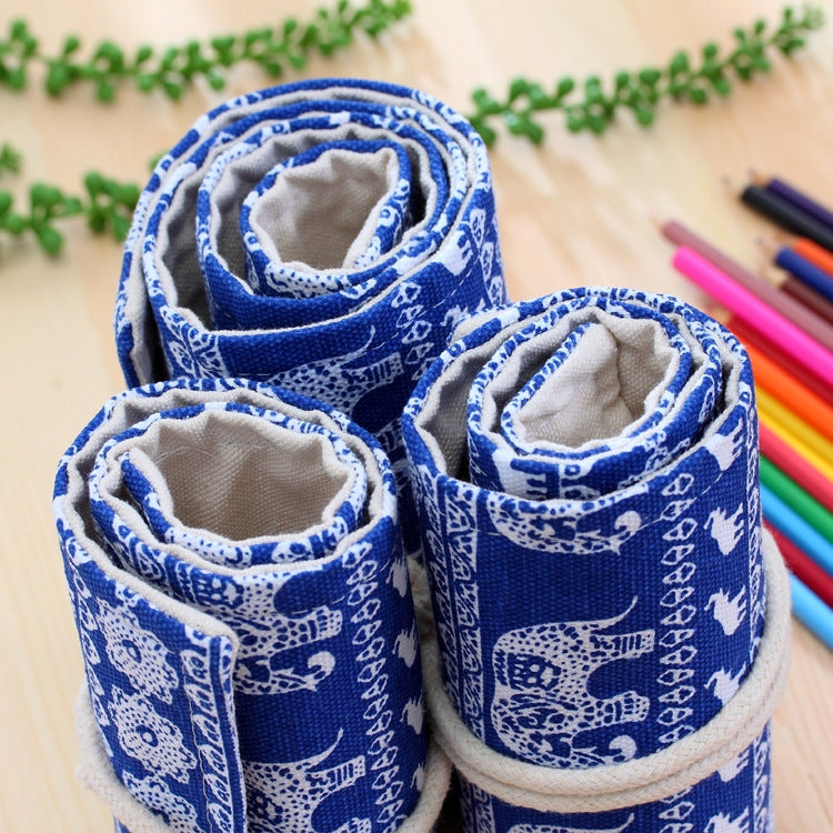 ELECTROPRIME 48 Slots Ethnic Elephant Print Pen Bag Canvas Pencil Wrap Curtain Roll Up Pencil Case Stationery Pouch